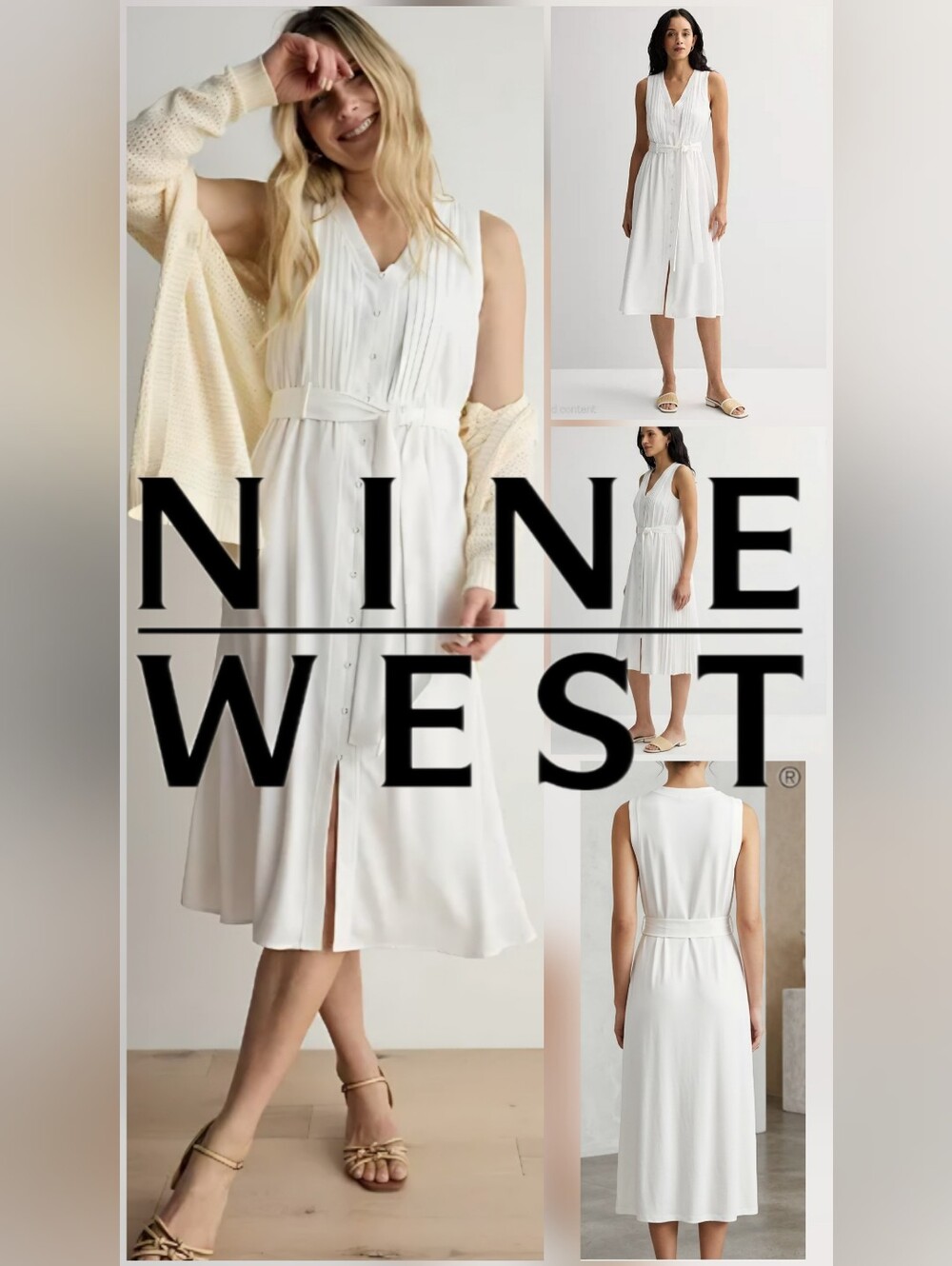 Nine West White Pintuck Crepe Sleeveless Button-Front Tie-Waist Midi Dress